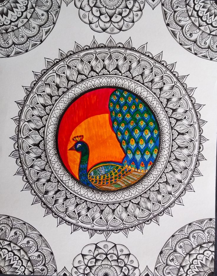 Mandala art drawing, peacock drawing, wall art idea Peacock Mandala Art Colorful, Peacock Drawing Mandala, Mandala Peacock Design, Mandala Art Colorful Patterns, Bird Mandala Art, Decorative Design Drawing, Mandala Art Peacock, Peacock Lippan Art, Unique Mandala Drawing