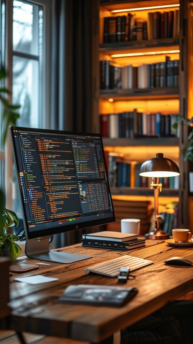 Cozy software developer workspace with computer monitor displaying code, books on shelf, and cup of coffee. Ideal setting for productive coding sessions. Developer Workspace, Programmers Desk, Organized Desk, Game Room Ideas, Computer Desk Setup, Home Studio Setup, Desktop Setup, Wallpaper Project, Dream Office