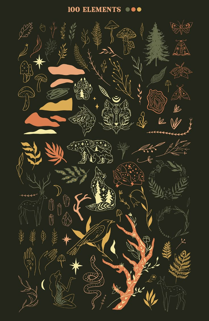 an image of various plants and trees on a black background with the words 100 elements