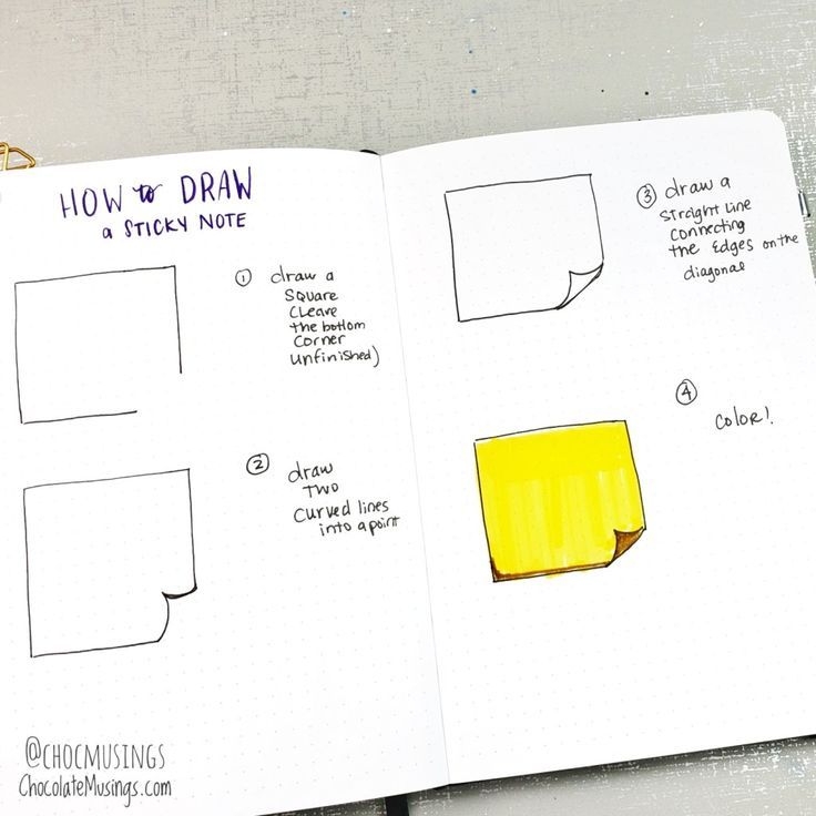 an open notebook with yellow sticky notes on the page and instructions for how to draw