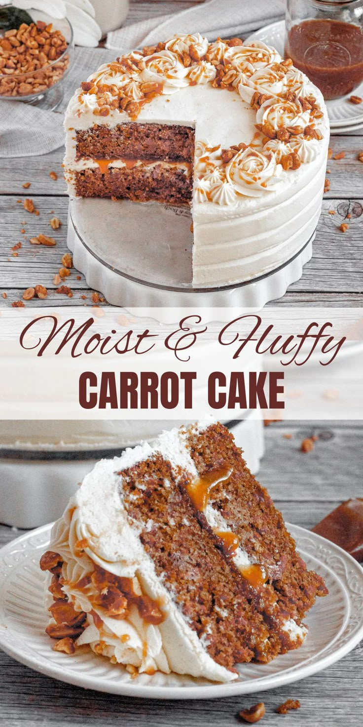 a cake with white frosting and carrots on top is shown in three different photos