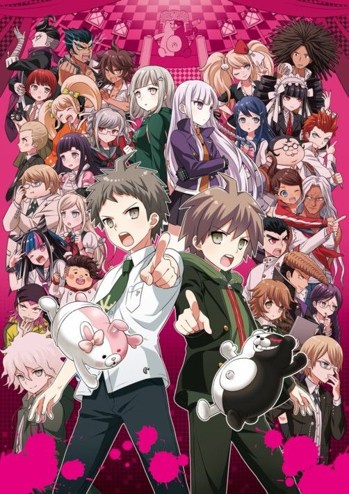 an anime poster with many people in the background and one person pointing at something on his finger