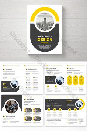 a brochure design with yellow and black accents