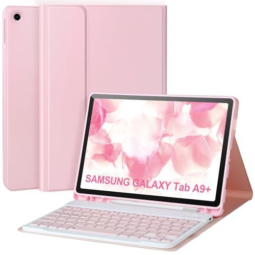 the pink samsung galaxy tab - a + plus case is next to an open laptop