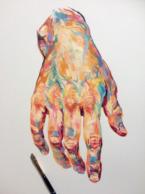 a drawing of a hand with multiple colors on it and a paintbrush next to it