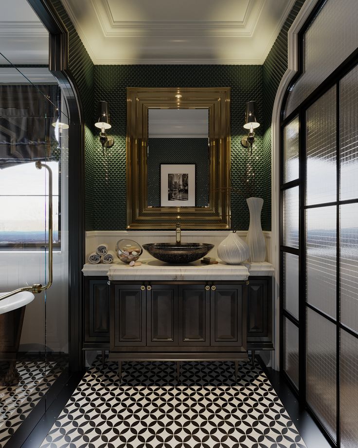 an ornate bathroom with black and white tile flooring