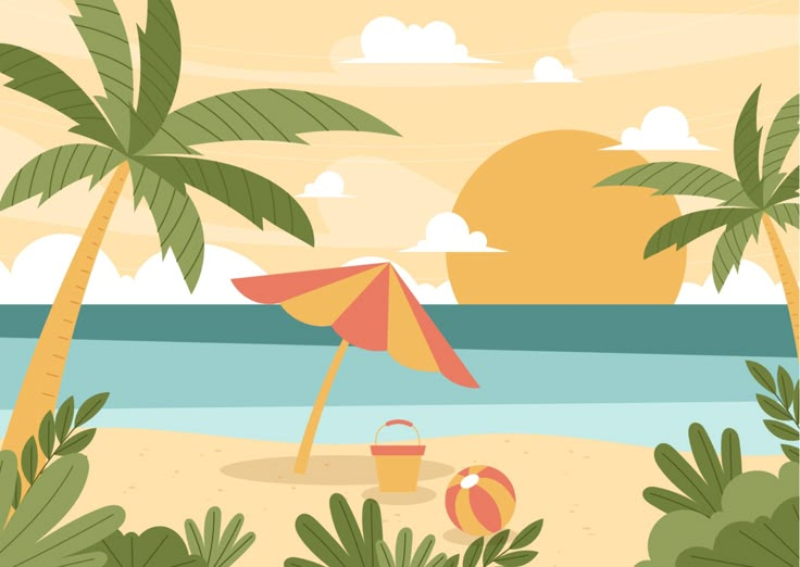 a beach scene with palm trees and an umbrella