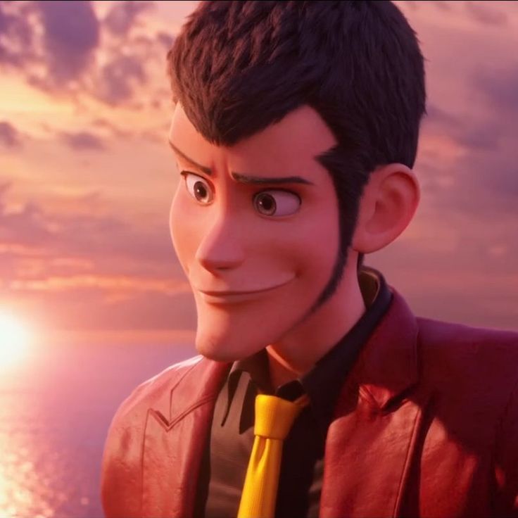 the animated character is wearing a red jacket and yellow tie, while looking into the distance