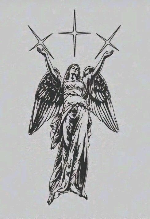 an angel with three crosses on it's back and wings above its head, in front of a white background