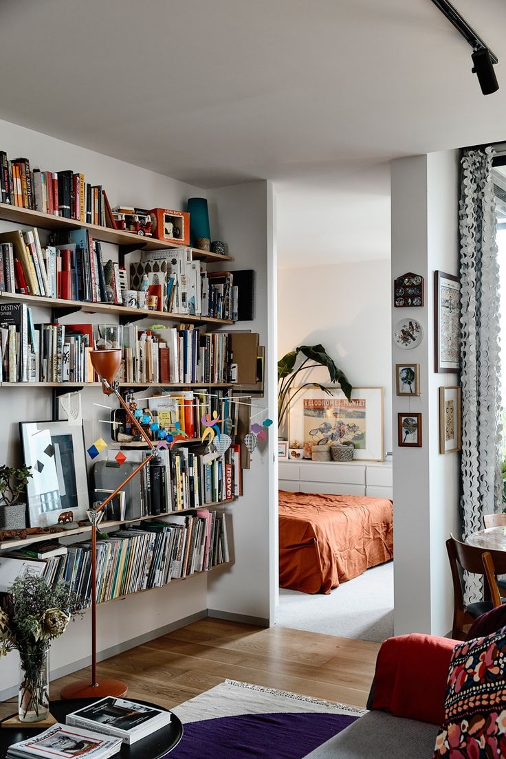 a living room filled with furniture and bookshelves full of different types of books