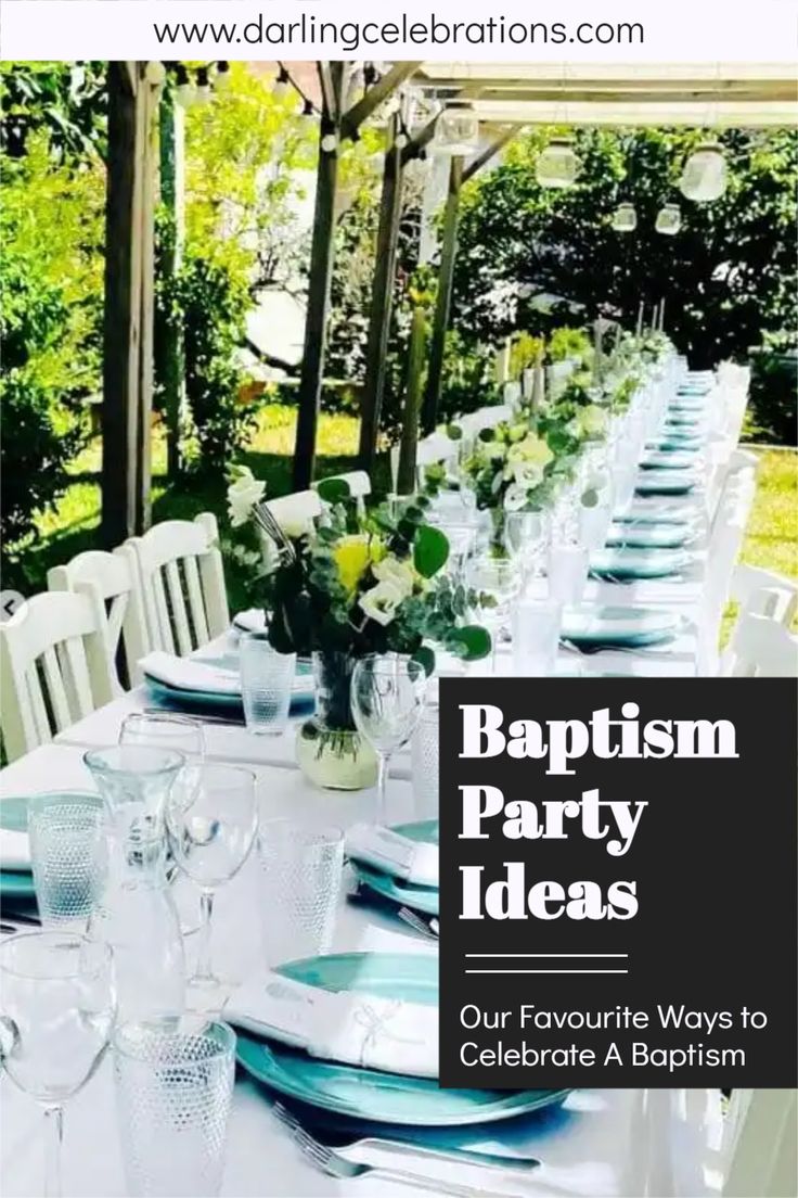 a long table set up for a party with blue and white plates, napkins and glasses