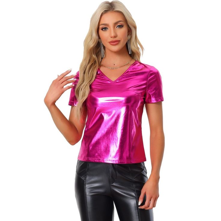 This women's metallic tee from Allegra K is a stylish top with a v-neck design. It is perfect for parties or clubs. It's a short-sleeved top in shiny top-quality metallic fabric. This is a regular-fit top that is very comfortable to wear. This is a very fashionable top when you wear it at a party. It will be very dazzling, and it will help you attract a lot of attention. Metallic Blouses, Party Models, Shiny Fabric, Stylish Top, Metallic Fabric, Top Pants Set, Tees For Women, Party Tops, Halloween Women