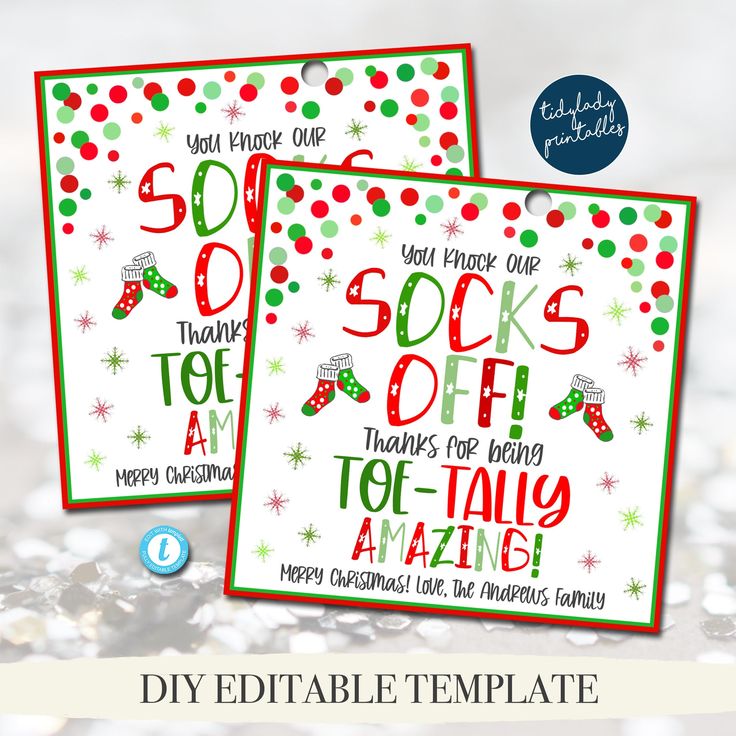 two christmas greeting cards with the words, 50 socks and 100 % off on them