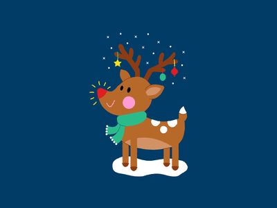 a reindeer with a scarf around its neck standing in the snow on a blue background