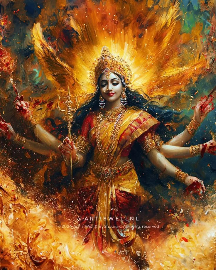 a painting of a woman with fire in her hands