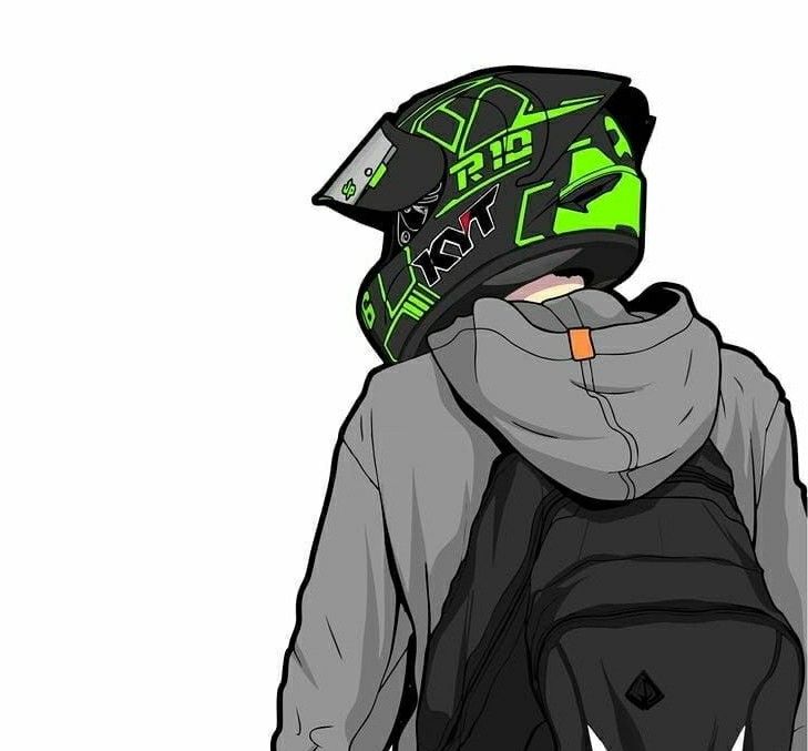 a drawing of a person wearing a motorcycle helmet and jacket with the hood pulled back