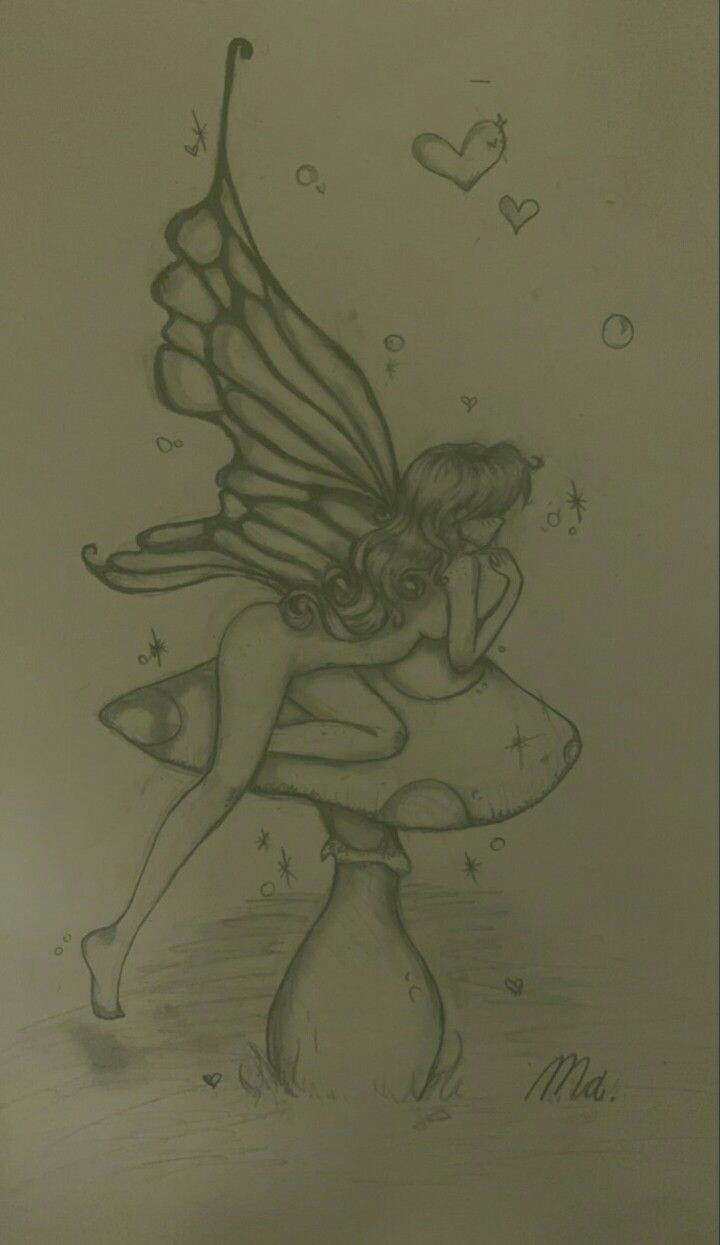 a drawing of a fairy sitting on top of a mushroom with hearts flying above it