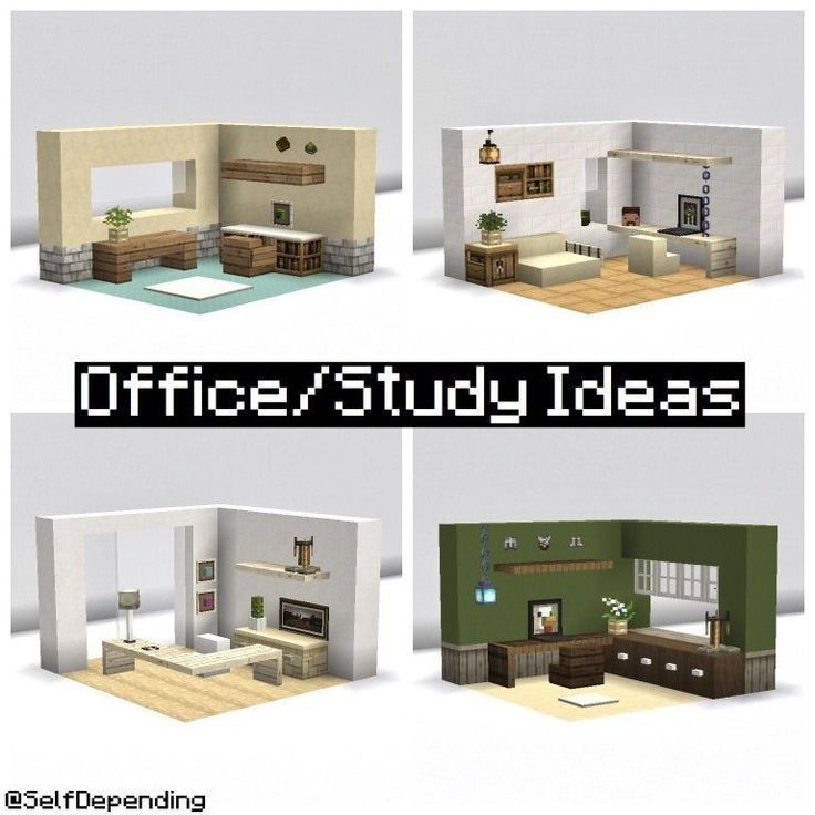 four different views of a living room and kitchen in the same style, with text that reads office study ideas