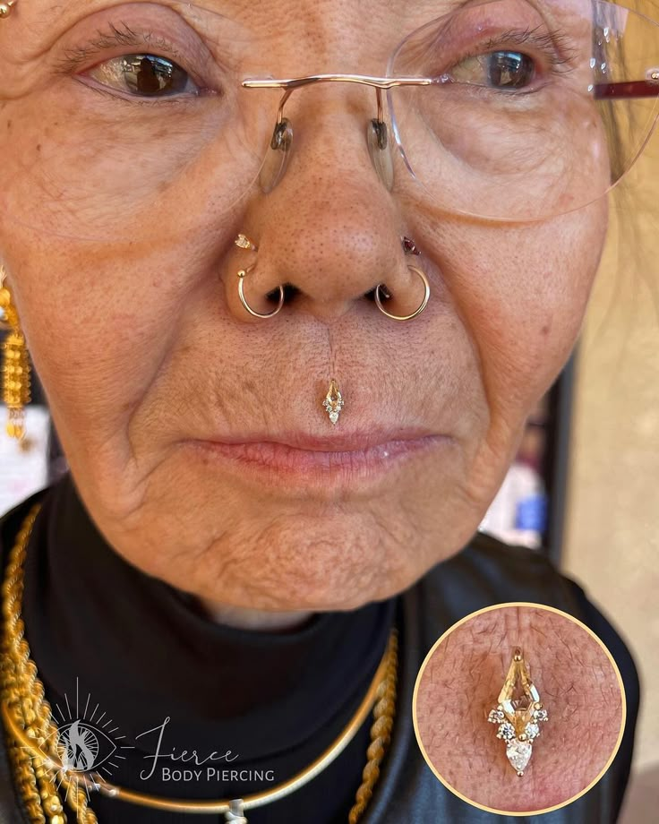 an older woman with piercings on her nose