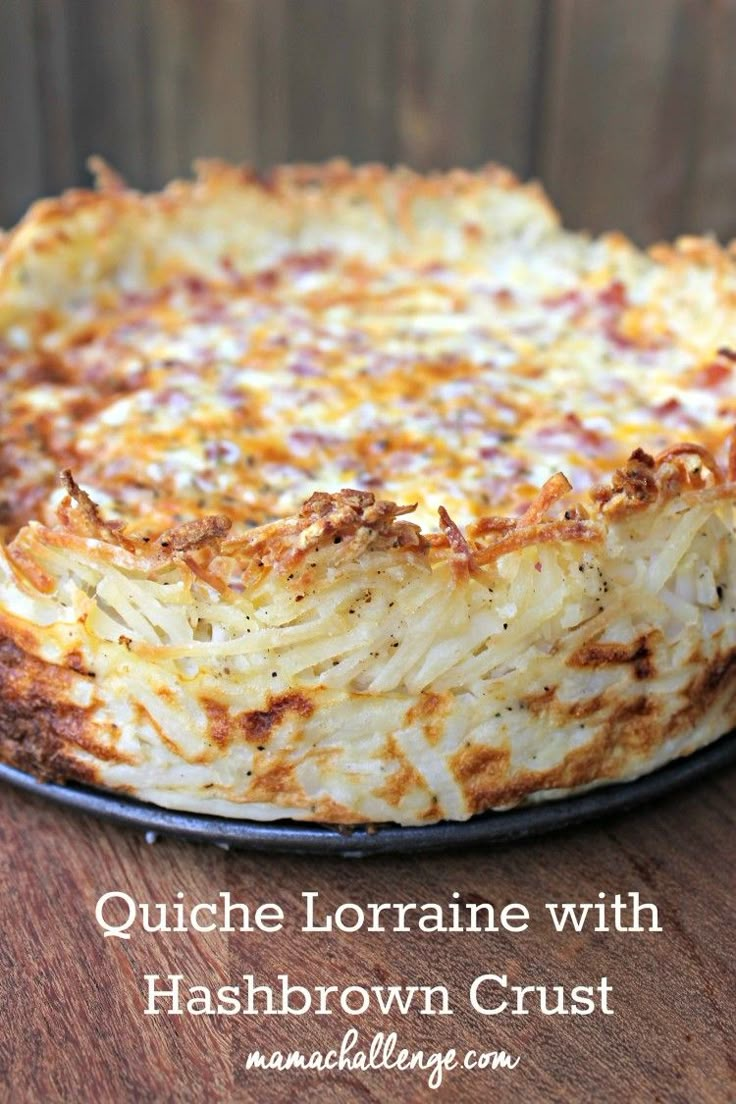 a cheesy dish with hashbrown crust on a wooden table