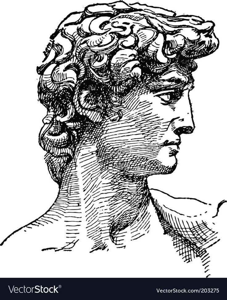 a black and white drawing of a man with curly hair