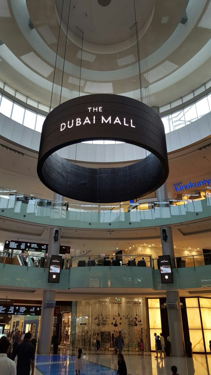 the inside of a mall with people walking around