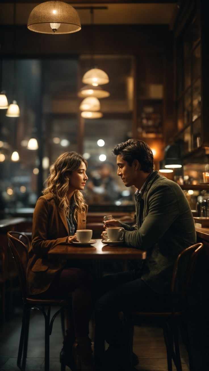 a man and woman sitting at a table in a restaurant looking into each others eyes