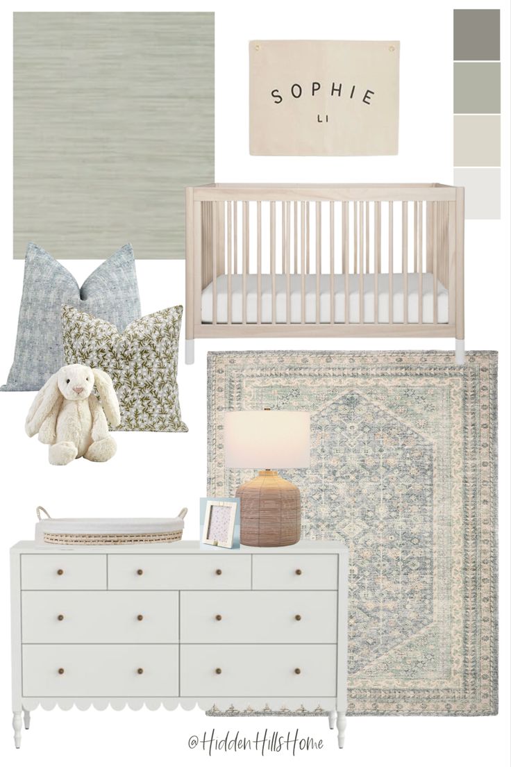 Nursery mood board for baby girl with blue and green color palette Green Nursery Girl, Green Nursery Boy, Organization Nursery, Baby Nursery Inspiration, Baby Room Themes, Baby Room Neutral, Nursery Room Design, Baby Room Inspiration, Nursery Decor Neutral