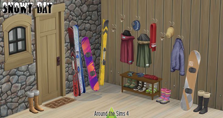 an animated image of a snowboard and skis in a room with stone wall