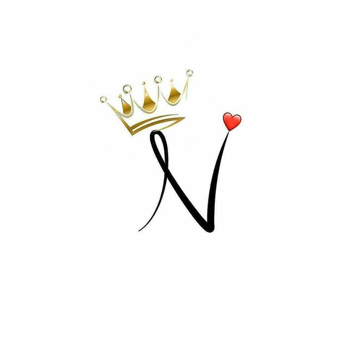 the letter n with a crown on top and a red heart in the bottom corner