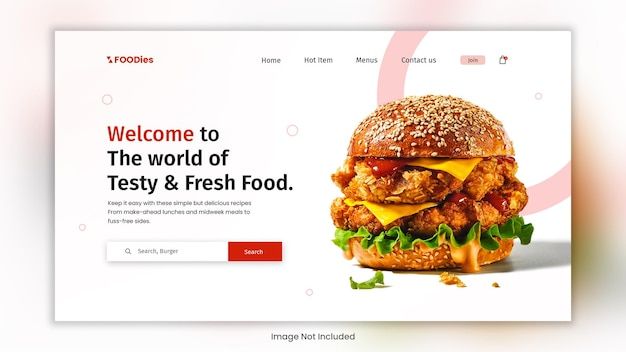 an image of a website homepage design for fast food restaurant, chicken and cheeseburger