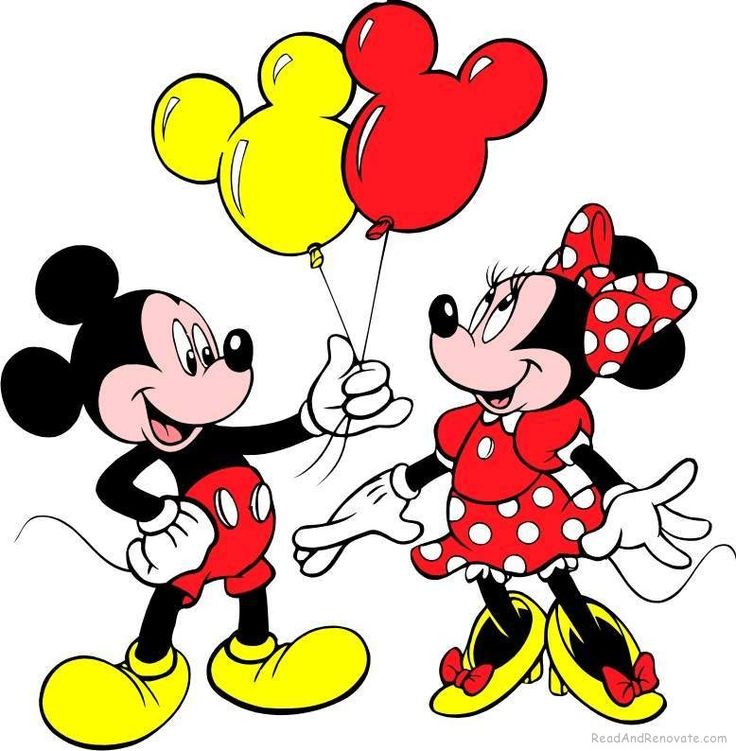 two mickey and minnie mouses with balloons on their heads, one holding the other's hand