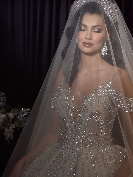 a woman in a wedding dress with a veil over her head and wearing a tiara