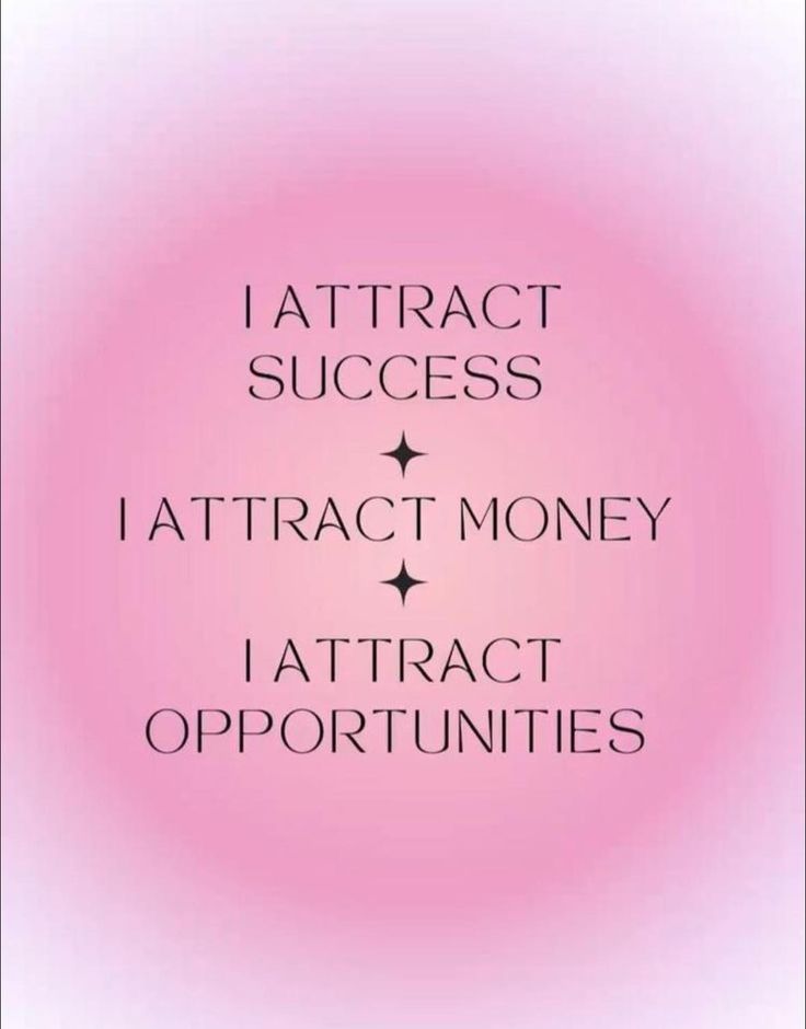 the words i attract success and attract money in black lettering on a light pink background