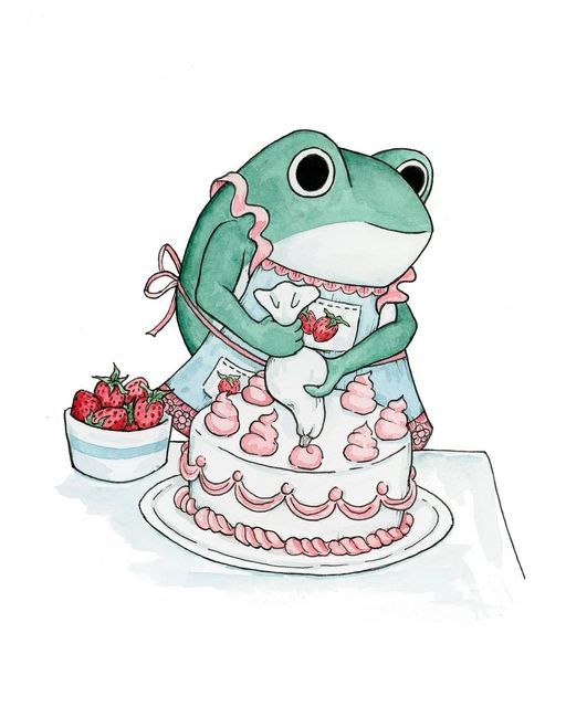 a frog sitting on top of a cake with strawberries in it's hands