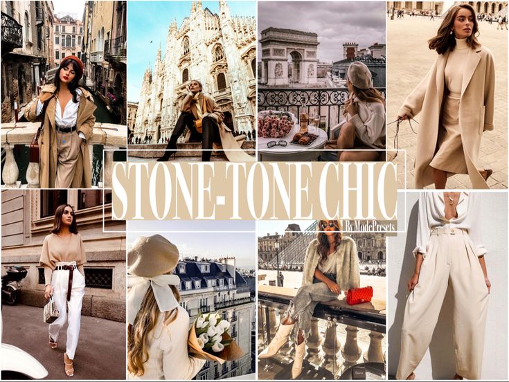 the collage shows different styles of women in white outfits and beige coats, with text that reads stone - tone chic