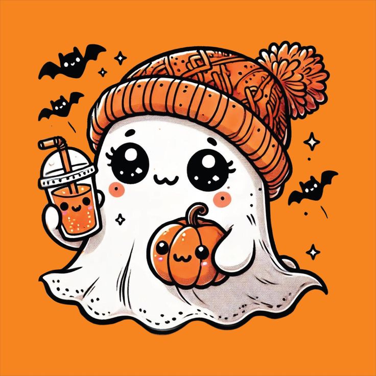 a cute ghost with a pumpkin and a glass of booze on an orange background