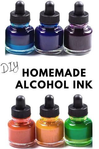 six different colors of alcohol ink with the words homemade alcohol ink