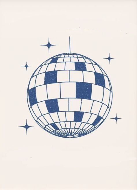 a blue and white drawing of a disco ball with stars on the side, in front of a white background