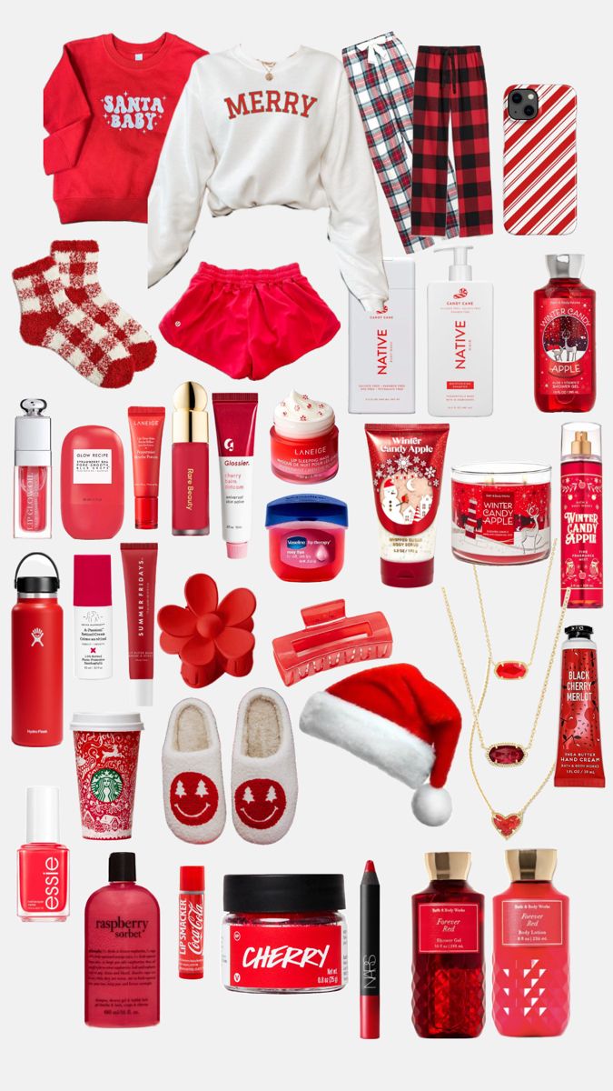 the contents of a christmas gift bag laid out on top of each other, including red and white items