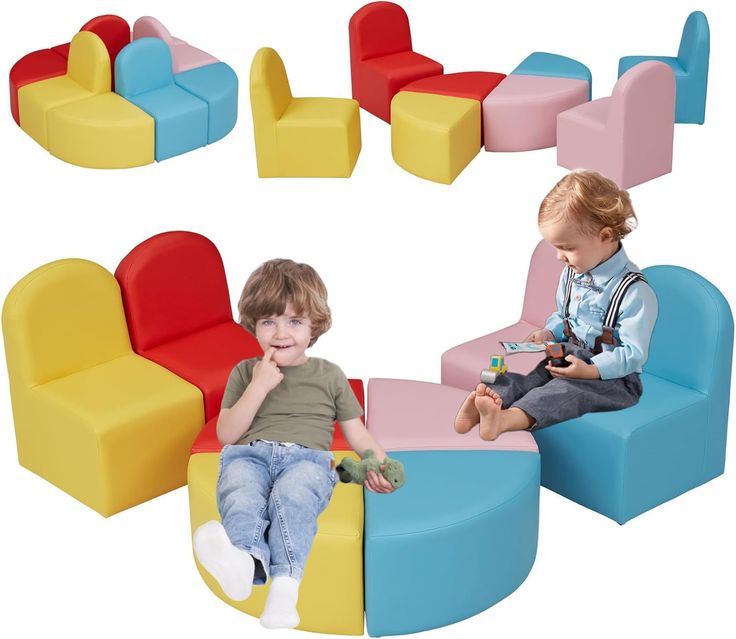 two children sitting on different colored chairs