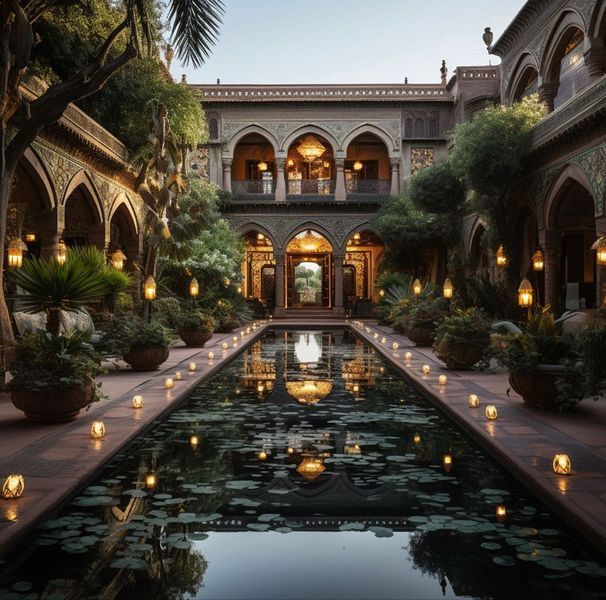 an indoor pool surrounded by candles and potted plants in front of a large building