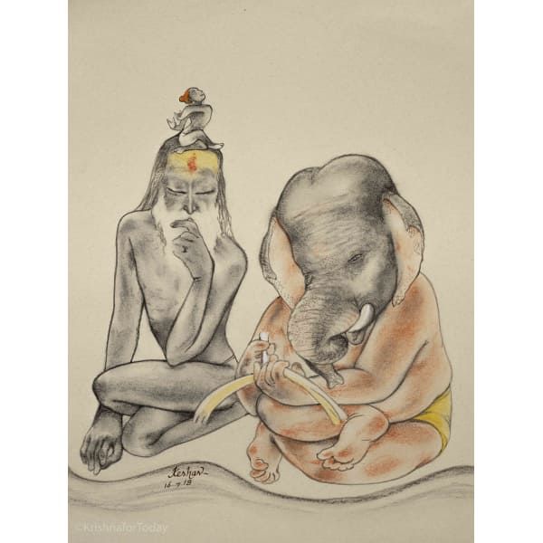 a drawing of an elephant and a woman sitting next to each other