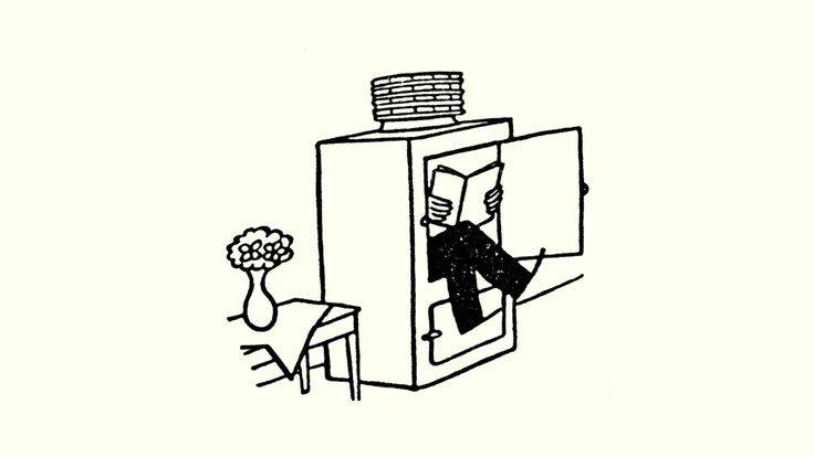 a drawing of a man sitting on a chair in front of a refrigerator with the door open