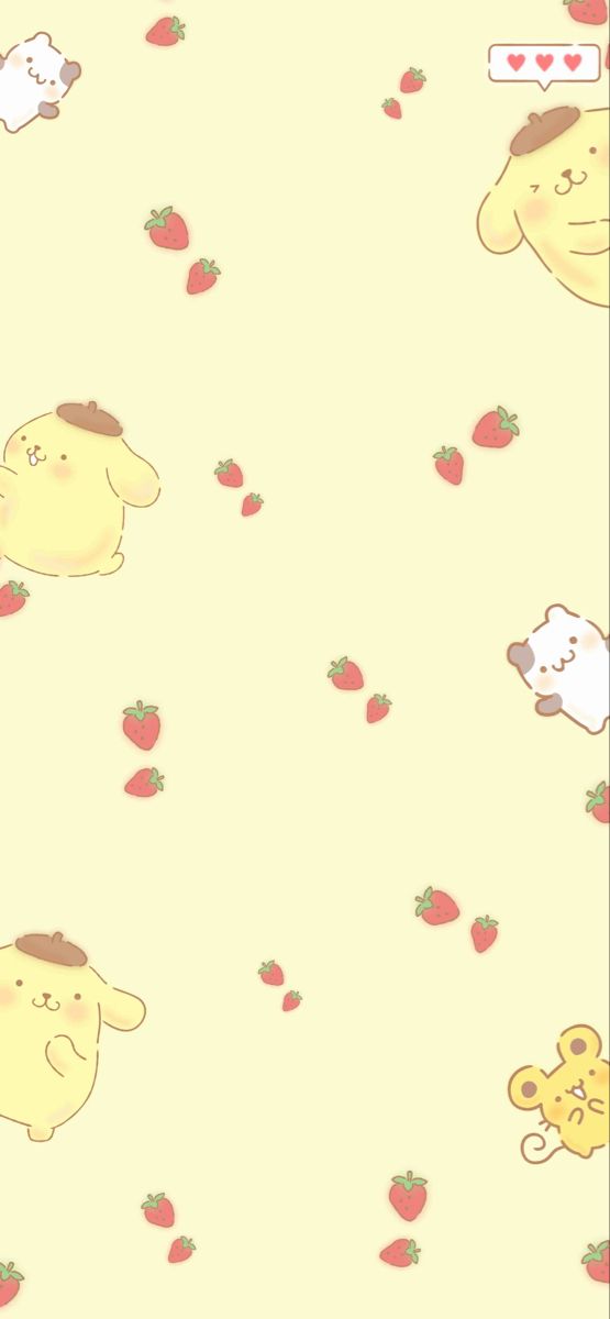 a yellow background with strawberries and dogs on it