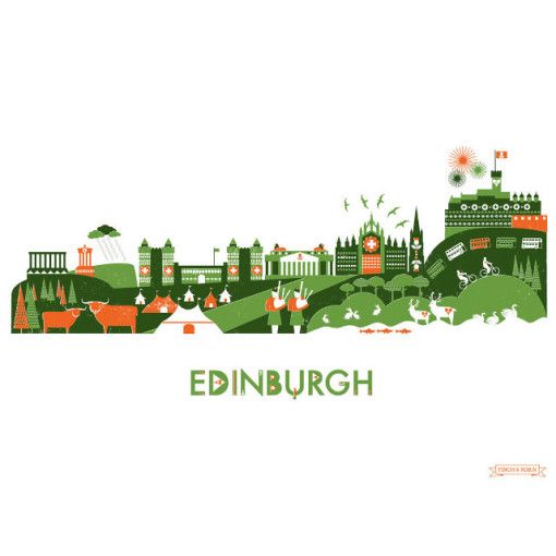 edinburgh skyline in green and orange with the words edinburgh on it's left side