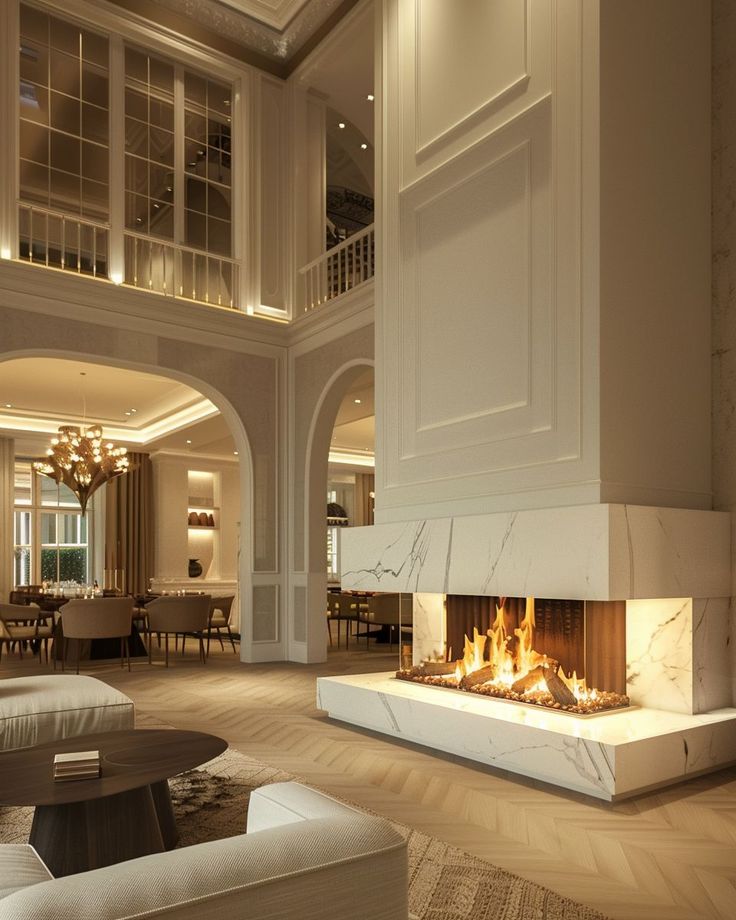 a living room with a fire place in it