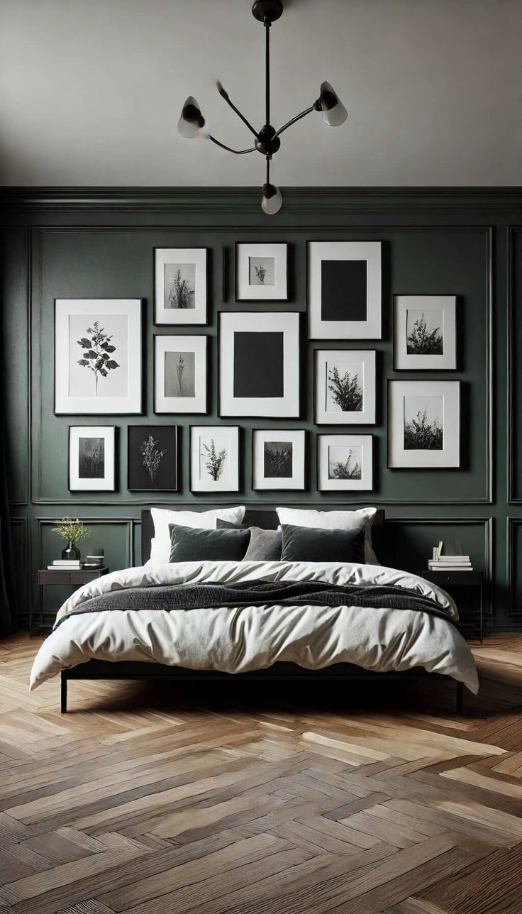 a bed sitting in a bedroom next to a wall with pictures hanging on the walls