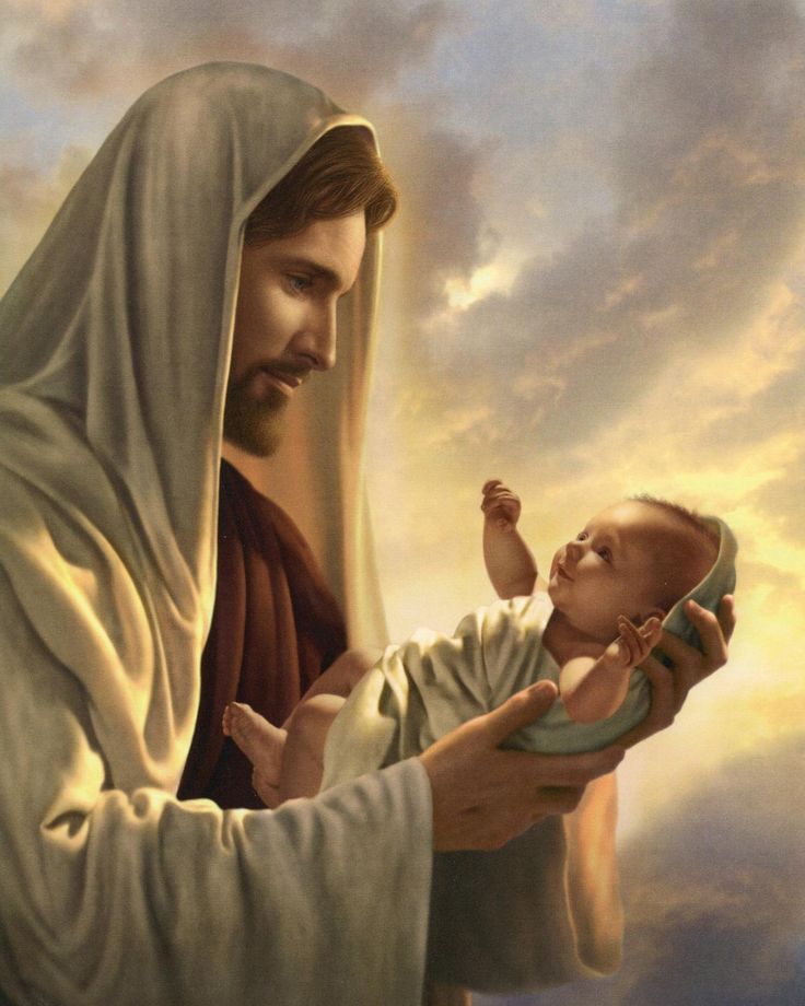 a painting of jesus holding a baby in his arms