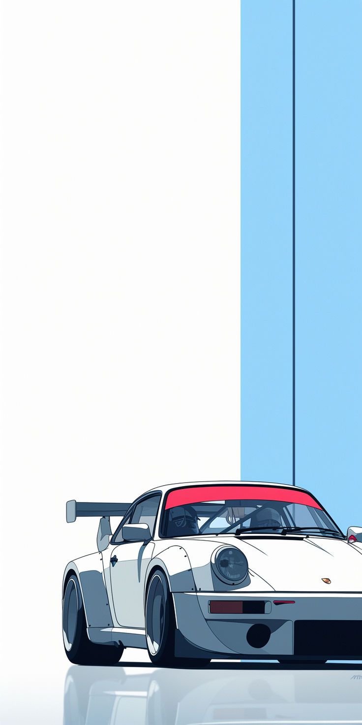 a white and red sports car parked in front of a tall building with blue walls